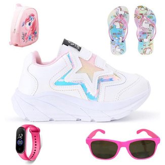 Tênis Casual Infantil Feminino Estrela Glitter Calce Facil + Mochila + Chinelo  + Oculos + Relogio