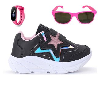 Tênis Casual Infantil Feminino Estrela Glitter Calce Facil + Oculos + Relogio