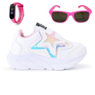 Tênis Casual Infantil Feminino Estrela Glitter Calce Facil + Oculos + Relogio