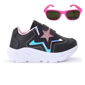 Tênis Casual Infantil Feminino Estrela Glitter Calce Facil + Oculos