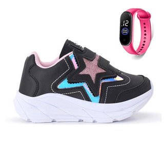 Tênis Casual Infantil Feminino Estrela Glitter Calce Facil + Relogio