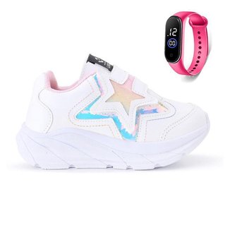 Tênis Casual Infantil Feminino Estrela Glitter Calce Facil + Relogio