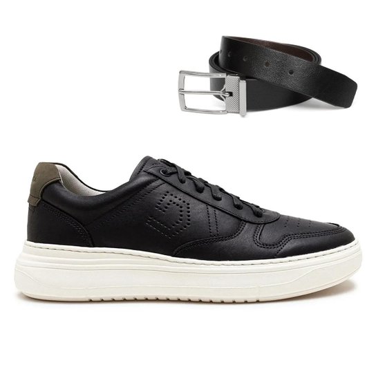 Tênis De Couro Democrata Masculino Denim Joe Ultra Light 526103 + Cinto Dupla Face