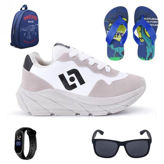 Tênis Infantil Masculino Jogger Casual Camurça + Mochila + Chinelo + Oculos + Relogio