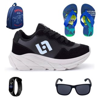 Tênis Infantil Masculino Jogger Casual Camurça + Mochila + Chinelo + Oculos + Relogio