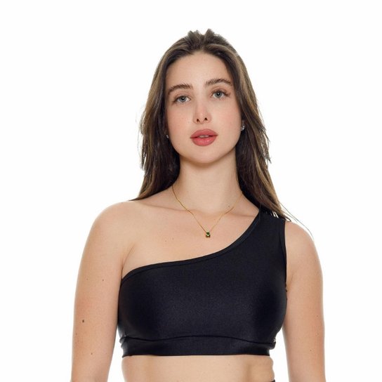 Top Fitness Shine Ombro Só - Preto - G