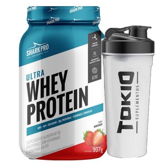 Ultra Whey Protein Morango 907g Shark Pro + Shaker Tokio 600ml