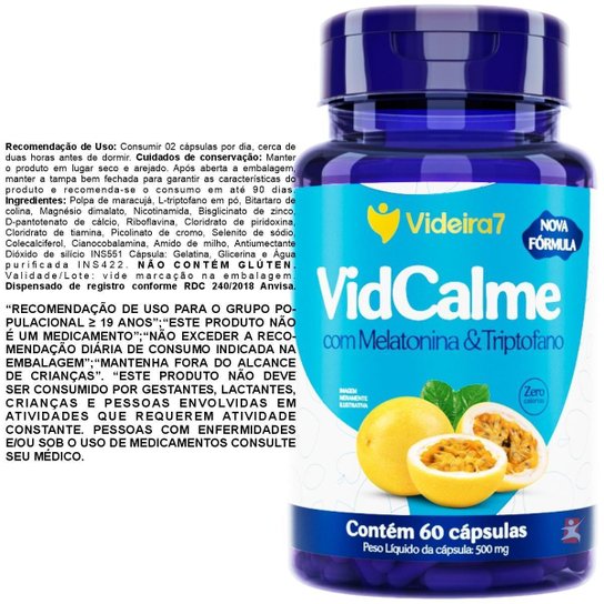 VIDCALME MARACUJÁ MELATONINA TRIPTOFANO COLINA VITAMINAS E MINERAIS 60 CÁPSULAS – VIDEIRA7