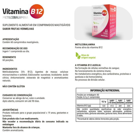 Vitamina B12 Mastigável Zero Açucar 60 Comprimidos Maxinutri