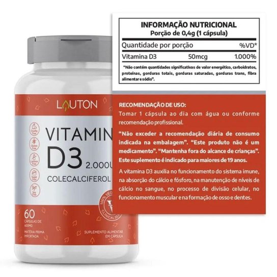 Vitamina D3 2.000 UI Colecalciferol 60 Comprimidos - Lauton