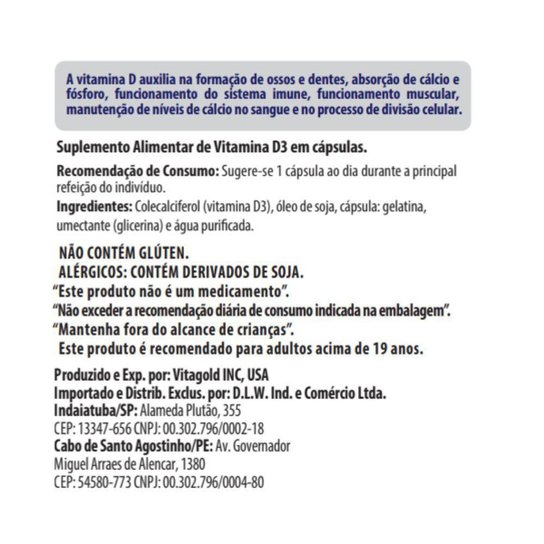 Vitamina Ultra D3 2.000 Ui Vitgold 100 cápsulas