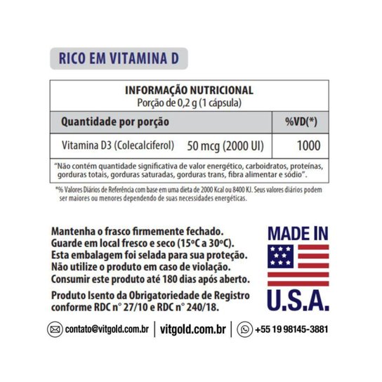 Vitamina Ultra D3 2.000 Ui Vitgold 100 cápsulas