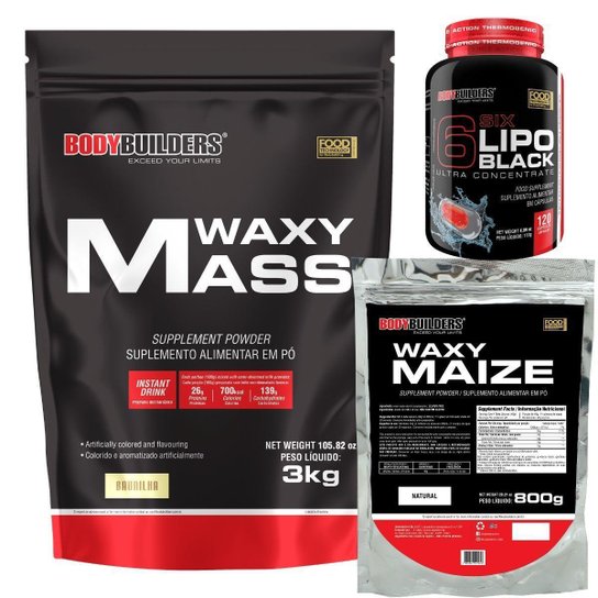 Waxy mass 3kg+Waxy Maize 800g+Six 6 lipo black 120 cáps - Bodybuilders