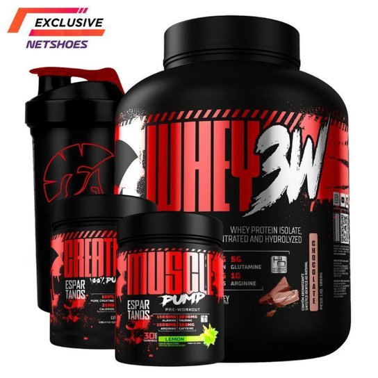 Whey Protein 3W Concentrado Isolado Hidrolisado 1,8Kg + Creatina Pura 300g + Pré Treino 300g + Copo