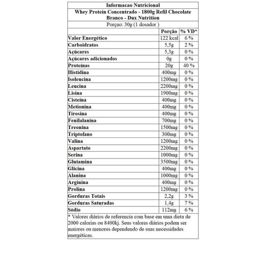 Whey Protein Concentrado - 1800g Refil Chocolate Branco - Dux Nutrition