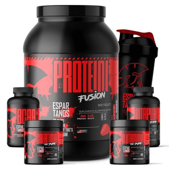 Whey Protein Fusion + Bcaa + Crea + Gluta + Multi-Vitaminico + Copo - Espartanos